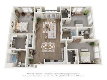 A 3D floor plan of a house with a kitchen, living room, and bedrooms.