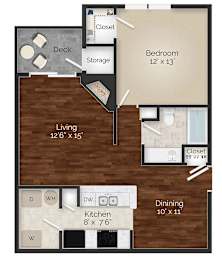 A floor plan of a small apartment with a living room, kitchen, bedroom, and storage.