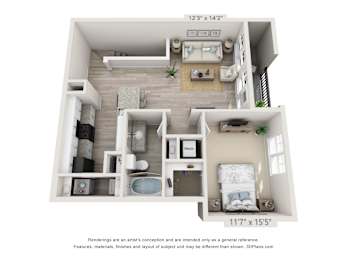 A 3D floor plan of a small apartment with a living room, kitchen, and two bedrooms.