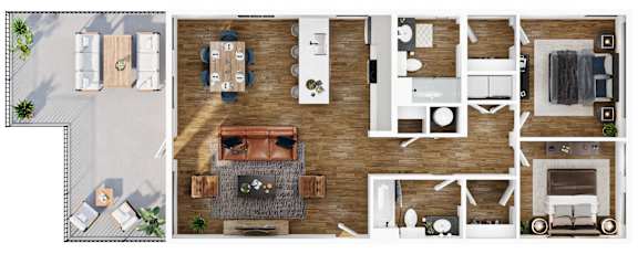 A floor plan of a house with a kitchen, living room, dining room, and two bedrooms.