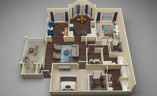 A dollhouse with a living room, dining room, kitchen, and bedrooms.