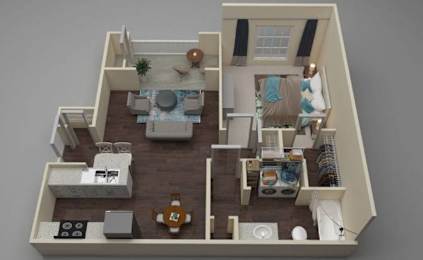 A top-down view of a small apartment with a kitchen, living room, and bedroom.