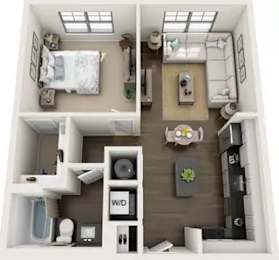 A dollhouse with a W/D sign on the wall.