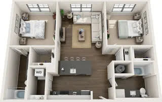 A top-down view of a small apartment with a kitchen, living room, and two bedrooms.