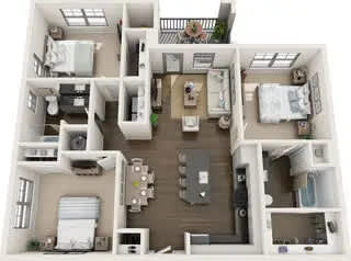 A dollhouse with a kitchen, living room, and bedrooms.