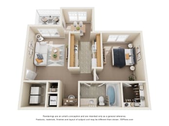 a 3d floor plan of a home with a bedroom and living room