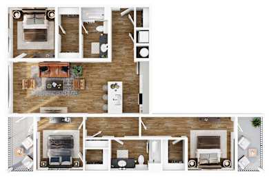 A floor plan of a two-story apartment with a living room, kitchen, and bedrooms.