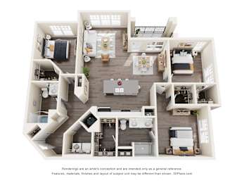 A 3D floor plan of a house with a kitchen, living room, and bedrooms.