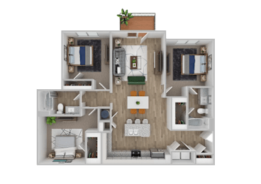 A 3D floor plan of a house with a kitchen, living room, and two bedrooms.