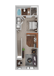A top-down view of a small apartment with a bed, a desk, a chair, a couch, a kitchenette, and a bathroom.