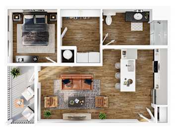 A top-down view of a modern apartment layout with a kitchen, living room, and dining area.
