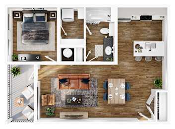 A top-down view of a living room, kitchen, and dining area.