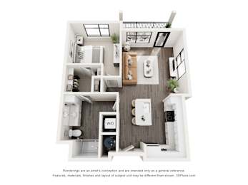 A 3D floor plan of a small apartment with a kitchen, living room, and bathroom.