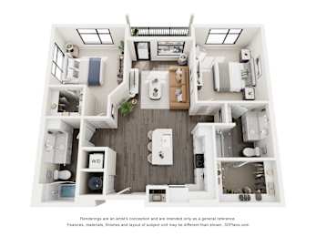 A 3D floor plan of a two-bedroom apartment with a living room, kitchen, and bathroom.