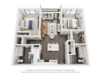 A floor plan of a small apartment with two bedrooms, a living room, and a kitchen.
