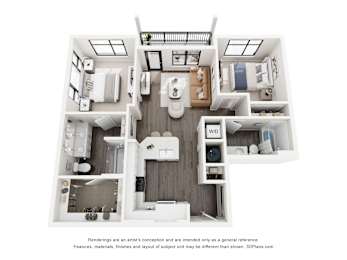 A 3D floor plan of a house with a kitchen, living room, and two bedrooms.