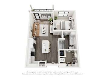 A 3D floor plan of a small apartment with a kitchen, living room, and bathroom.