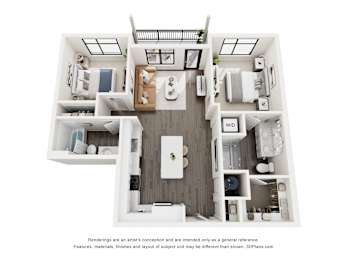 A 3D floor plan of a small apartment with a kitchen, living room, and two bedrooms.