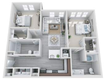 a 3d rendering of our 1 bedroom apartment at princeton court apartments in dallas