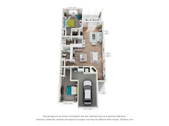 A floor plan of a two-bedroom apartment with a living room, kitchen, and bathroom.