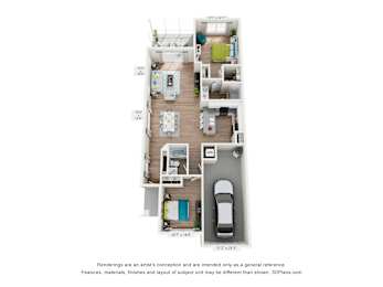 A floor plan of a small apartment with a kitchen, living room, and bedroom.