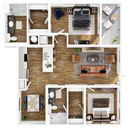 A top-down view of a modern apartment layout with a living room, kitchen, and bedrooms.