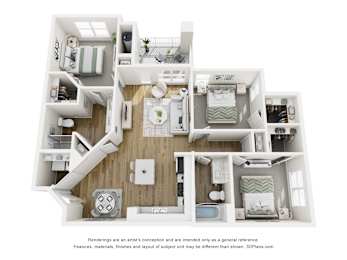 A 3D floor plan of a small apartment with a kitchen, living room, and bedrooms.
