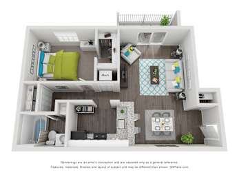 A 3D floor plan of a small apartment with a kitchen, living room, and bathroom.