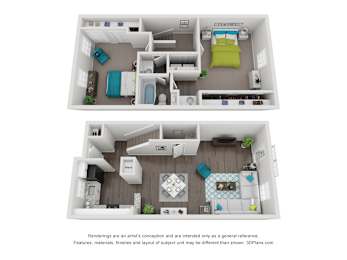 Two images of a small apartment with a kitchen, living room, and bedroom.
