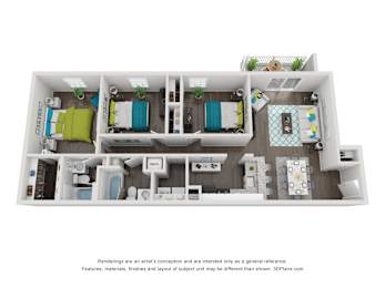 A 3D floor plan of a small apartment with two bedrooms and a living room.