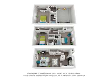 Three different floor plans of a small apartment.