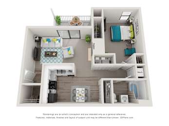 A 3D floor plan of a small apartment with a kitchen, living room, and bedroom.