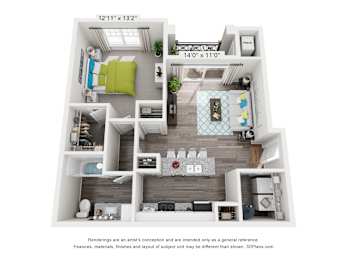 A 3D floor plan of a small apartment with a kitchen, living room, and bathroom.