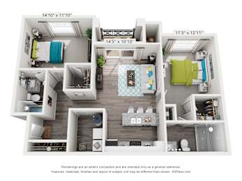 A 3D floor plan of a small apartment with a kitchen, living room, and bedrooms.