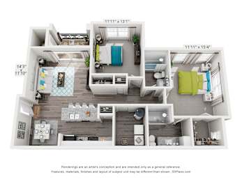 A 3D floor plan of a small apartment with a kitchen, living room, and bedrooms.