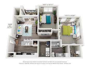 A 3D floor plan of a small apartment with a living room, kitchen, and bathroom.