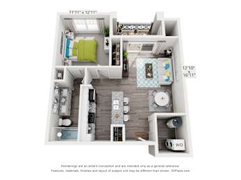 A 3D floor plan of a small apartment with a kitchen, living room, and bathroom.