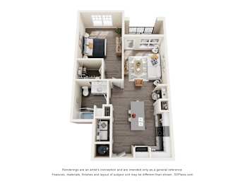 A floor plan of a small apartment with a kitchen, living room, and bathroom.