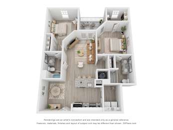 A 3D floor plan of a house with a kitchen, living room, and two bedrooms.