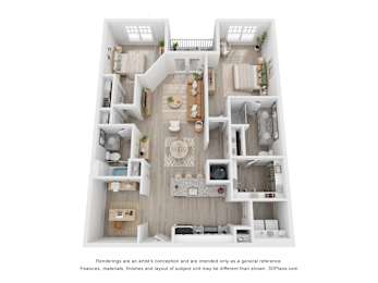 A 3D floor plan of a house with a kitchen, living room, and two bedrooms.