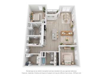 A 3D floor plan of a small apartment with a kitchen, living room, and bathroom.