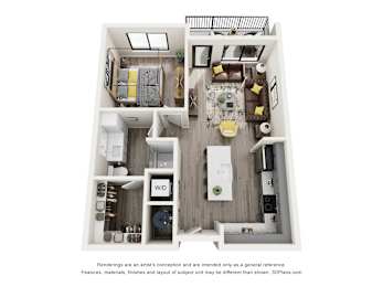 A 3D floor plan of a small apartment with a kitchen, living room, and bathroom.