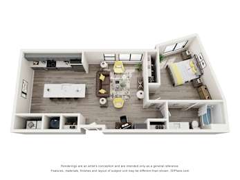 A 3D floor plan of a house with a kitchen, living room, dining room, and bedrooms.