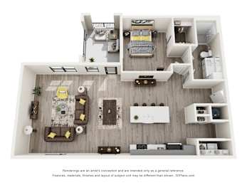 A 3D floor plan of a house with a kitchen, living room, and dining area.