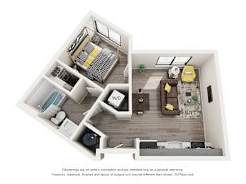 A 3D floor plan of a small apartment with a kitchen, living room, and bathroom.