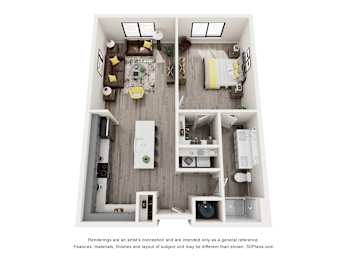 A floor plan of a small apartment with a kitchen, living room, and bedroom.