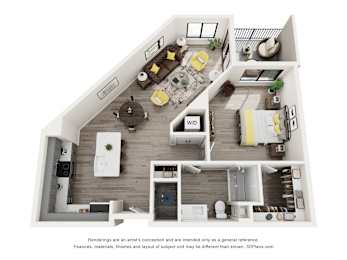A 3D floor plan of a house with a kitchen, living room, and bathroom.