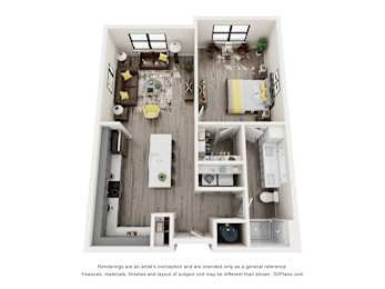 A floor plan of a two-story apartment with a living room, kitchen, dining room, and bedrooms.