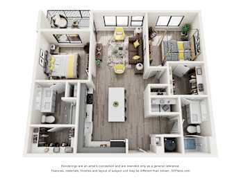A 3D floor plan of a house with a kitchen, living room, and two bedrooms.