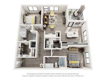 A 3D floor plan of a house with a kitchen, living room, and two bedrooms.